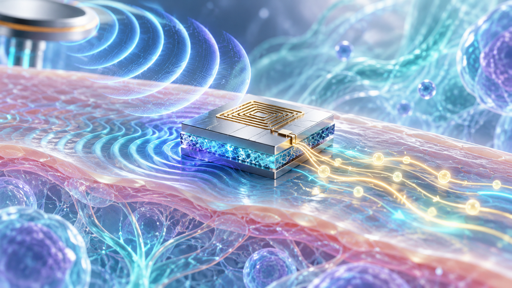 Paper: Wireless acoustic-driven current source achieving nanoampere-level at millimeter-scale. AI-generated abstract conceptual image created using ChatGPT/OpenAI