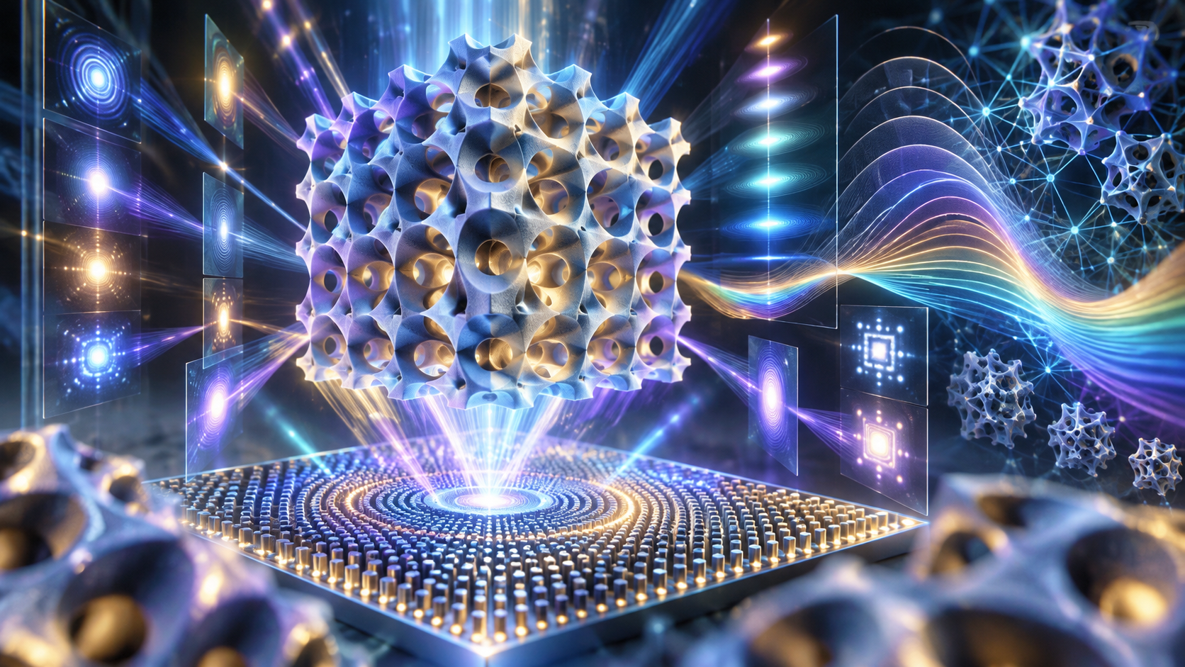 Paper: Photon density of states engineering in 3D photonic crystals via generative design of metasurface-enabled holographic lithography. AI-generated abstracted conceptual image created using ChatGPT/OpenAI