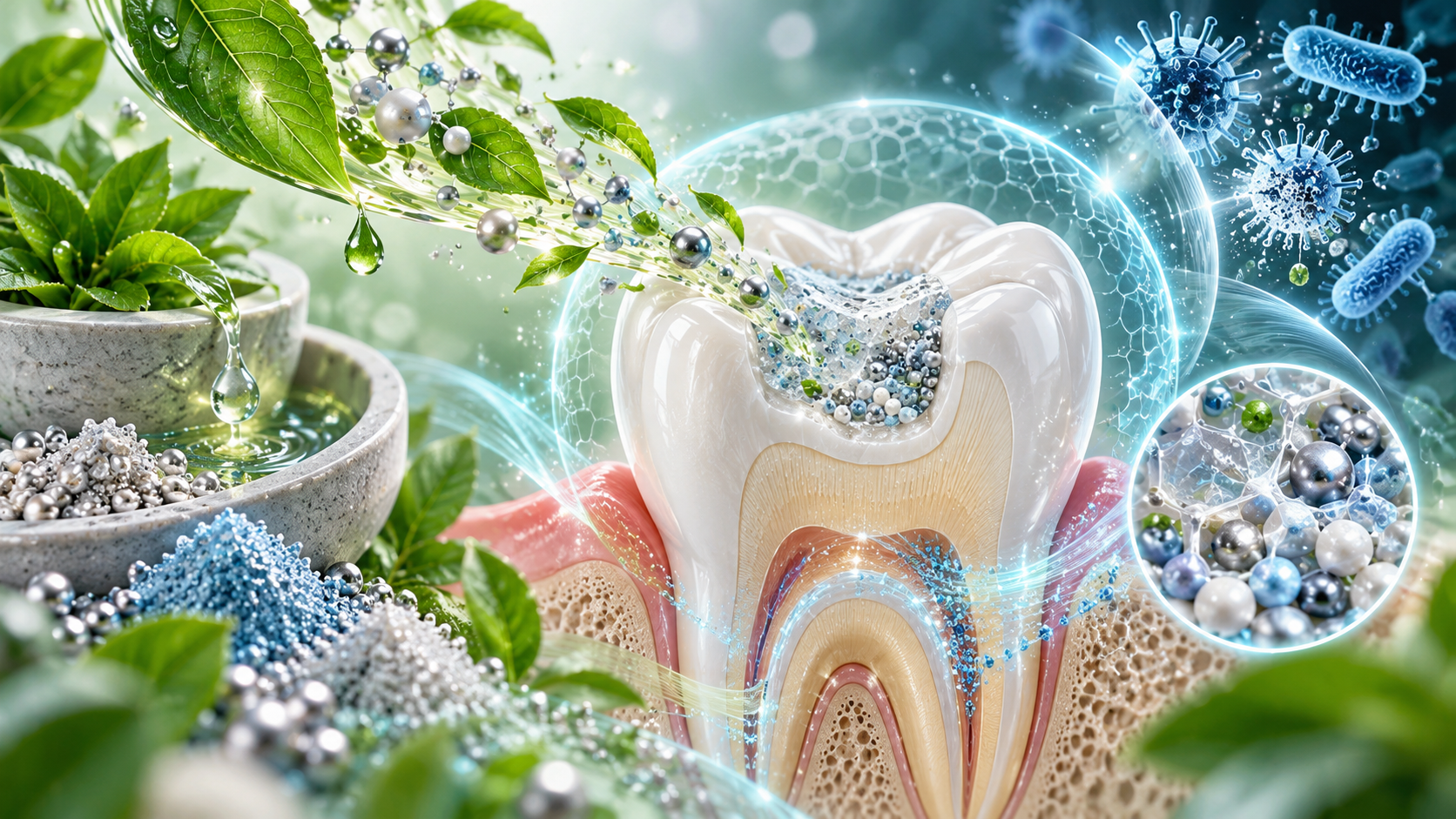 Paper: Green-synthesized nanoparticles for glass ionomer cement reinforcement: a systematic review of their antimicrobial, mechanical, and physicochemical properties. AI-generated abstract conceptual image created using ChatGPT/OpenAI