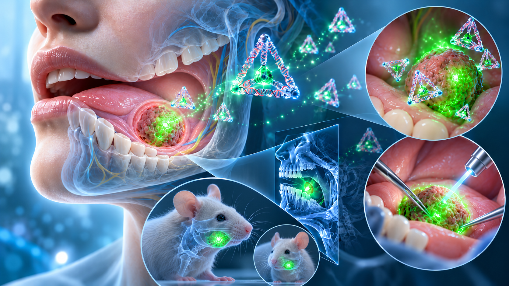 Paper: Fabrication of dynamic tetrahedral DNA structure probe for precision imaging and surgical navigation of oral and maxillofacial tumors. AI-generated abstract conceptual image created using ChatGPT/OpenAI