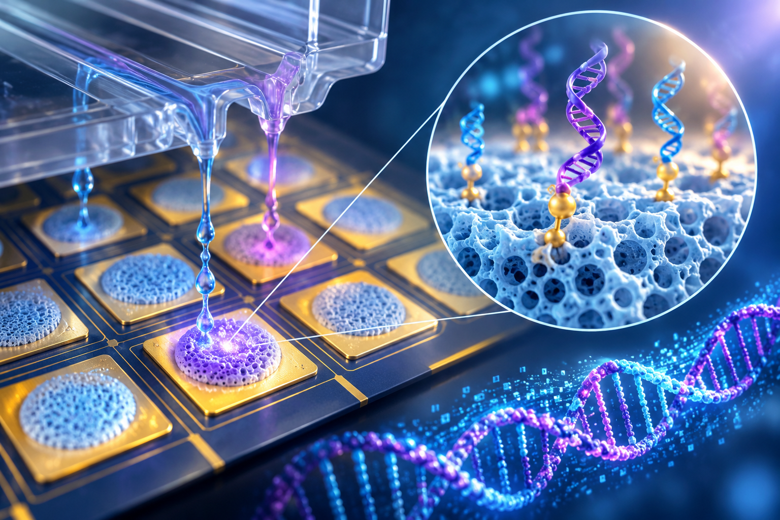 Paper: Enhanced electrochemically-directed oligonucleotide synthesis via porous silica thin-film for DNA data storage. AI-generated abstract conceptual image created using ChatGPT/OpenAI