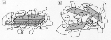Schematic of the polymer layered silicate nanocomposite (PLSN) morphologies: (a) intercalated and (b) exfoliated [1].