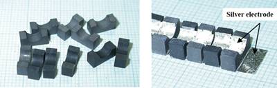 AZoNano - The A to Z of Nanotechnology - Formed thermoelectric elements (a) and elements attached with Ag electrodes (b)
