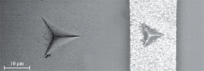 Optical micrograph of a 200 mN nanoindentation performed on a circular bonding pad consisting of a 1 μm aluminium film deposited onto a Si substrate.