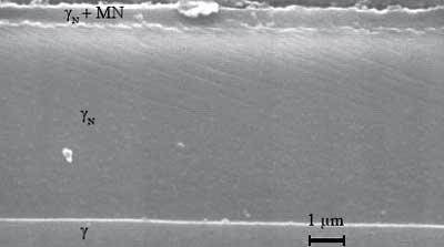AZoNano - The A to Z of Nanotechnology - Cross-sectional SEM micrograph of diffusion layers for an AISI 316L steel sample nitrided in Ar-60%N2 during 6 h at 680 K and at 0.8 Pa on each anode at a polarisation potential of -20V.