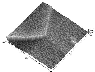 AZoNano - The A to Z of Nanotechnology - Three-dimensional SFM image of nitrided surface topography (sample polarisation = -20V) showing the step-like grain boundaries between three grains