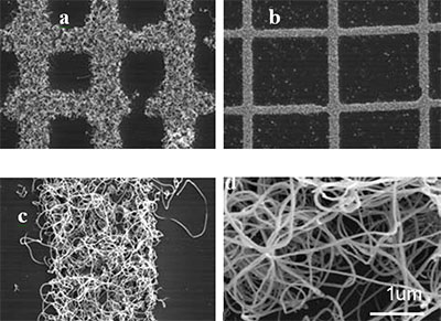 After CVD, carbon nanotube growth occurred only on the micro-patterned areas of the substrate. CNTs were grown on grids with 10μm (a) spacing and 50μm spacing (b). (c) and (d) show a higher magnification of the nanotubes grown within the dimensions of the grids.