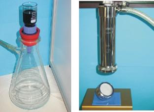 Photographs of the vacuum (left) and high pressure (right) filtration technique to produce bucky papers. Depending on the equipment size, bucky papers up to 150mm in diameter can be produced.