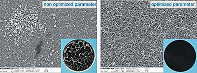 SEM-figures and photographs of bucky papers produced under non and optimized parameters.