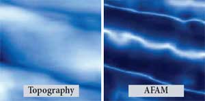 HDD surface. Topography (A) & AFAM (B) A bright line in the middle of the AFAM image marks an inner crack, which is not seen on the topography image. Image size: 0.8x0.8 μm.