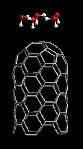 H-Bonded water cluster on a close-capped (5, 5) nanotube stabilized under field emission conditions. The cluster is found to lower the Ionization Potential of the tube by almost 0.5 eV.