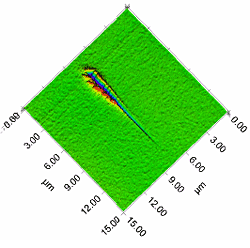 Nanoscratch of a low-k film, showing evidence of film failure