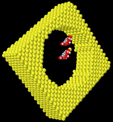 View of the molecular scale of silane molecules compared to a 6nm diameter PS pore. One of the molecule is grafted on the surface. Si (yellow), O (red), H (white), C (grey),and N (blue).